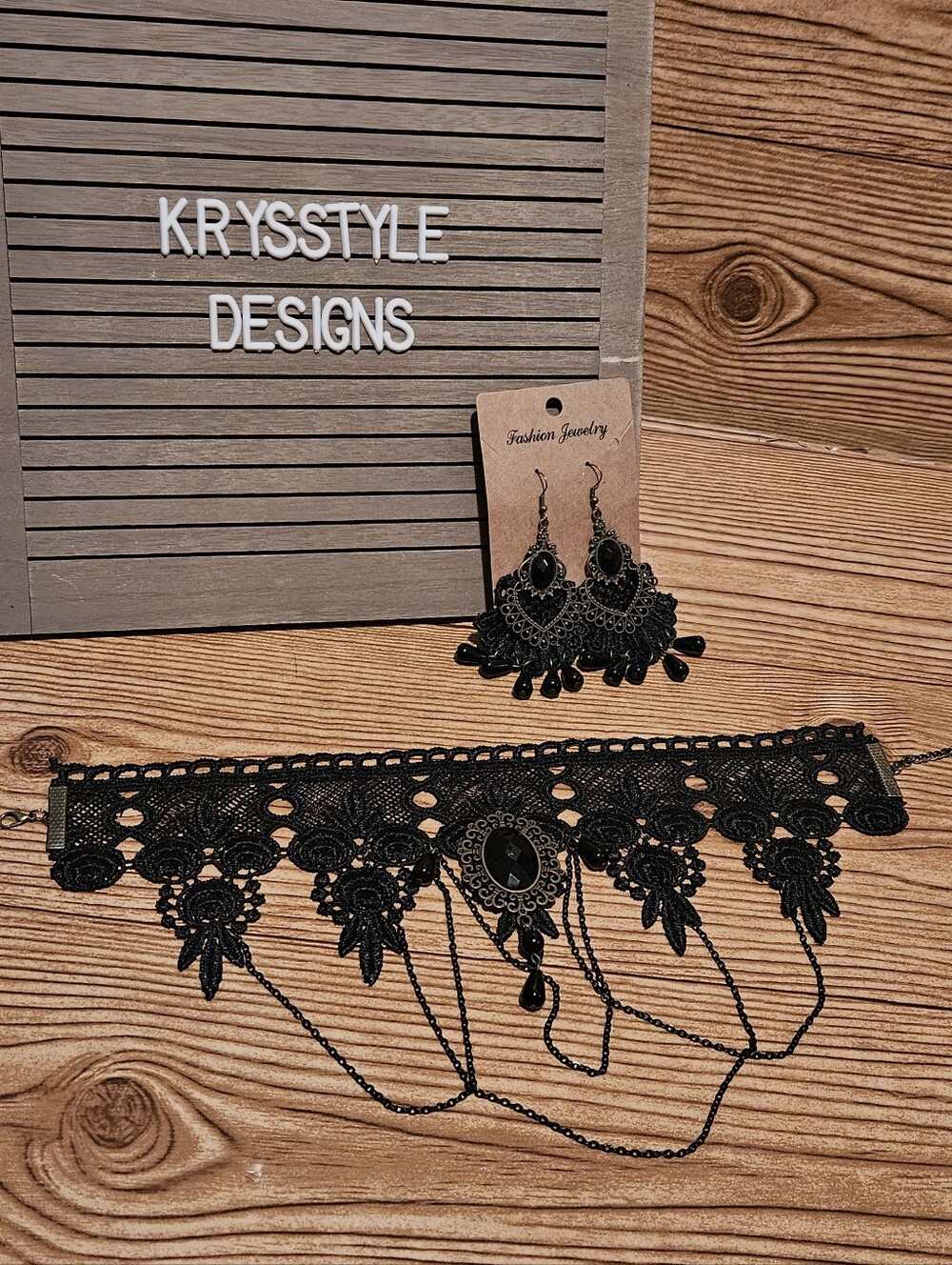 Black Gothic Lace Choker Necklace Rhinestone Chain With Dangle Earrings